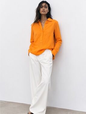 Zara Tangerine Orange Button-Down Shirt Sz S